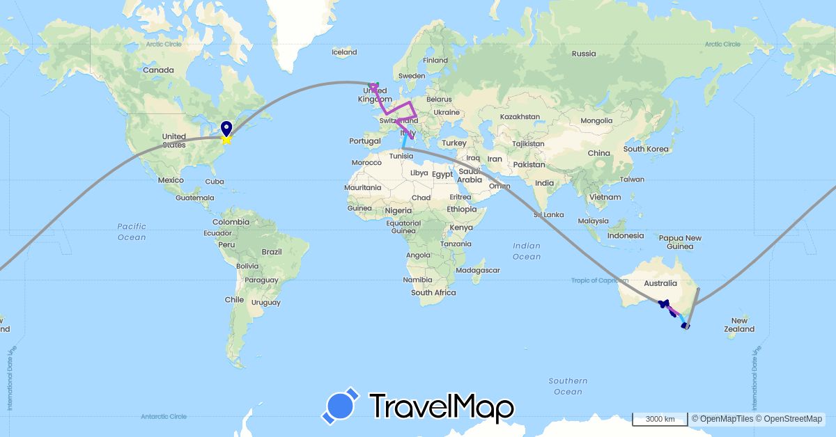 TravelMap itinerary: driving, bus, plane, train, boat in Austria, Australia, Switzerland, Germany, France, United Kingdom, Italy, Qatar, Tunisia, United States (Africa, Asia, Europe, North America, Oceania)